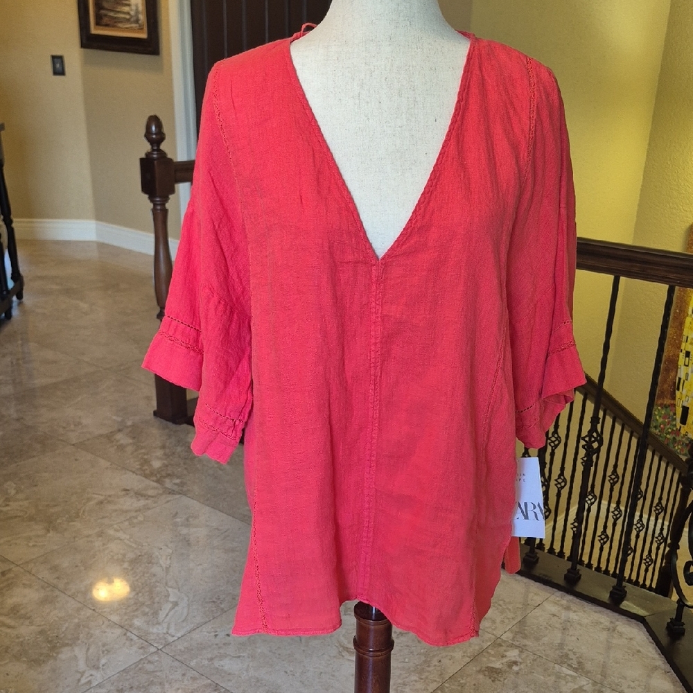 Zara Coral V-Neck Gauze Tunic Top
